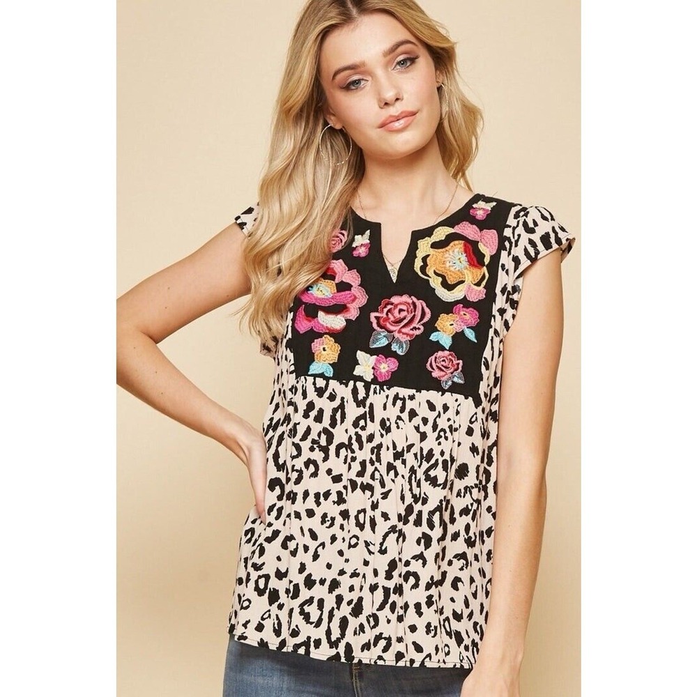 Savanna Jane Size L Blouse Leopard Print Embroidered Floral Top Boho Women's